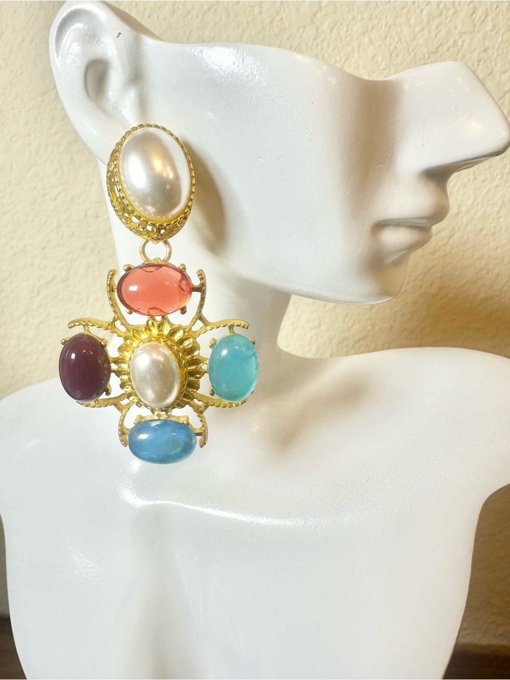 Gold-Plated Pearl & Multi-Colored Cabochon Earrings